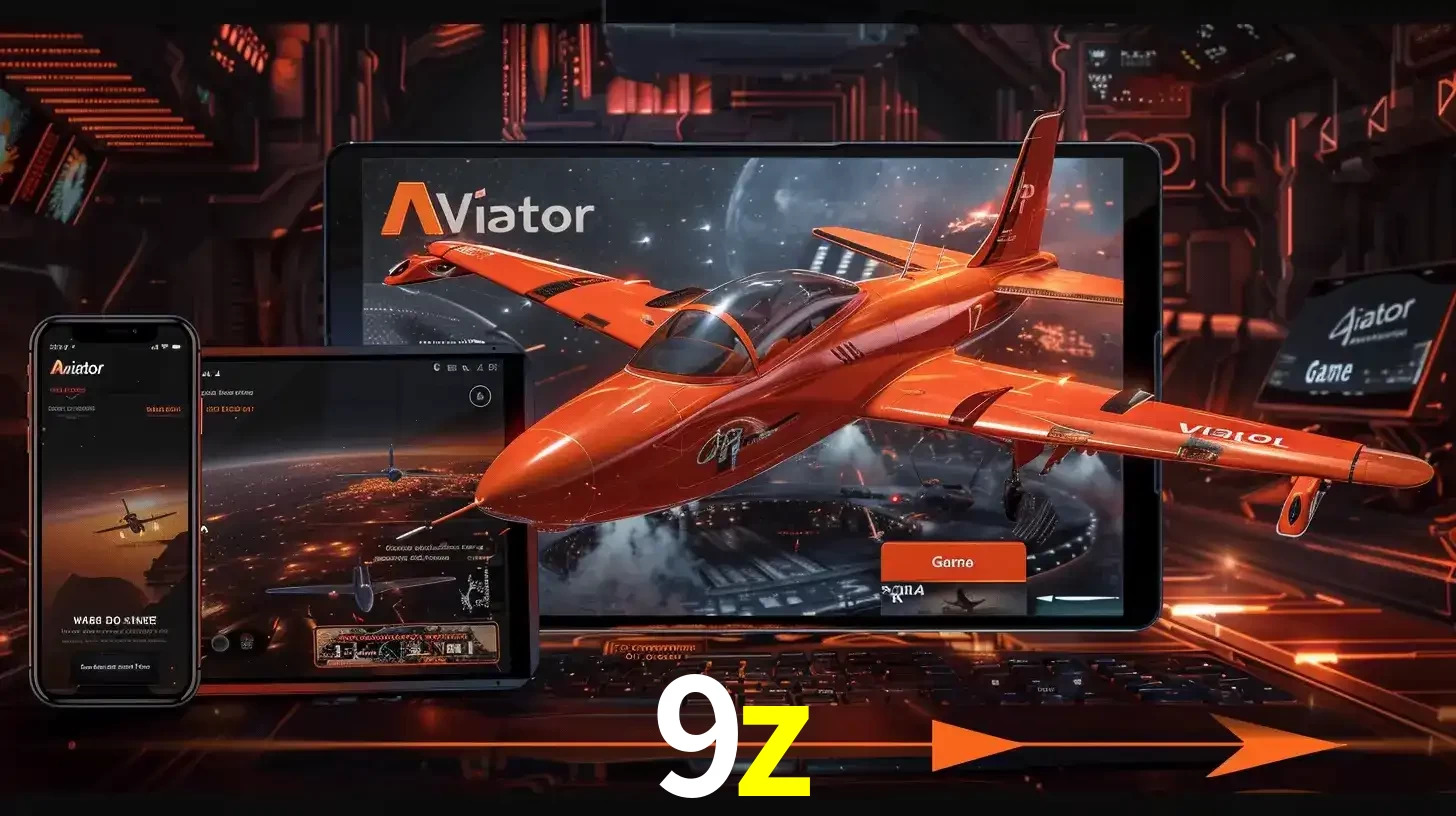 Apresentação tecnológica do jogo Aviator com um avião saindo da tela de um tablet, demonstrando a experiência imersiva em múltiplos dispositivos no 9z.