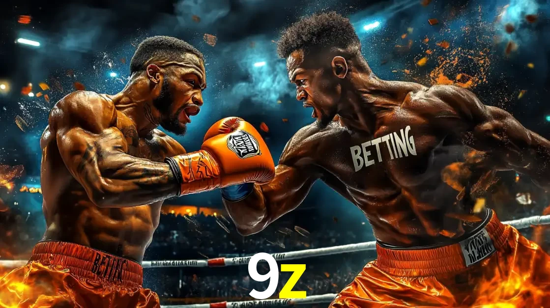 Dois boxeadores em uma luta intensa e explosiva, representando a adrenalina e as oportunidades de apostas em esportes de combate disponíveis na plataforma 9z.