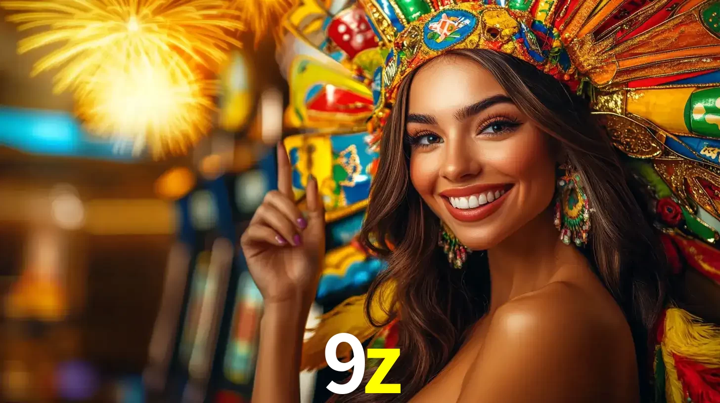 Mulher sorridente com um cocar de carnaval vibrante e colorido, celebrando uma grande vitória nos jogos do cassino 9z com fogos de artifício ao fundo.