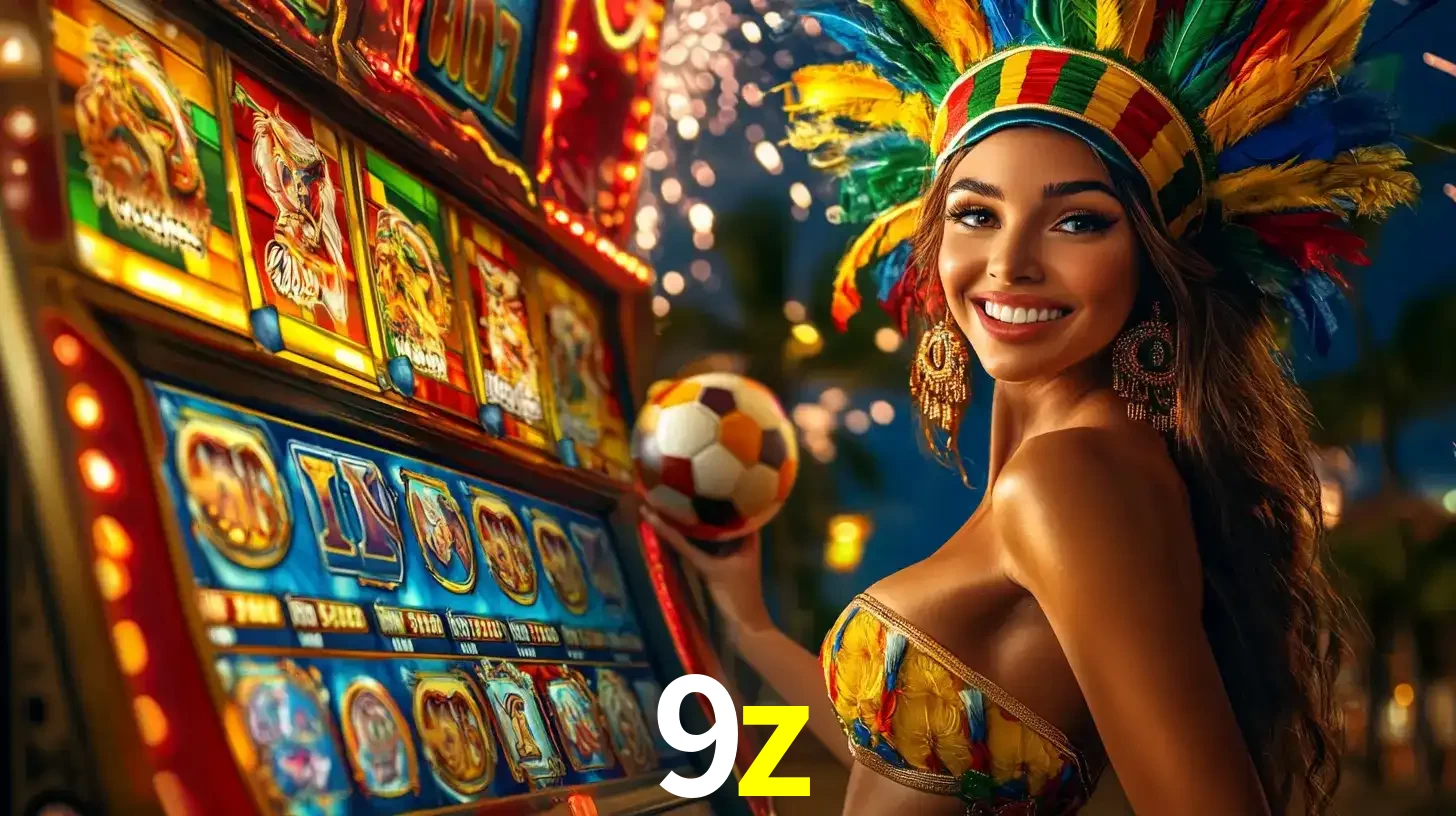 Mulher com um cocar de carnaval ao lado de uma máquina de caça-níqueis enquanto segura uma bola de futebol, mostrando a união da diversão de cassino e esportes no 9z.
