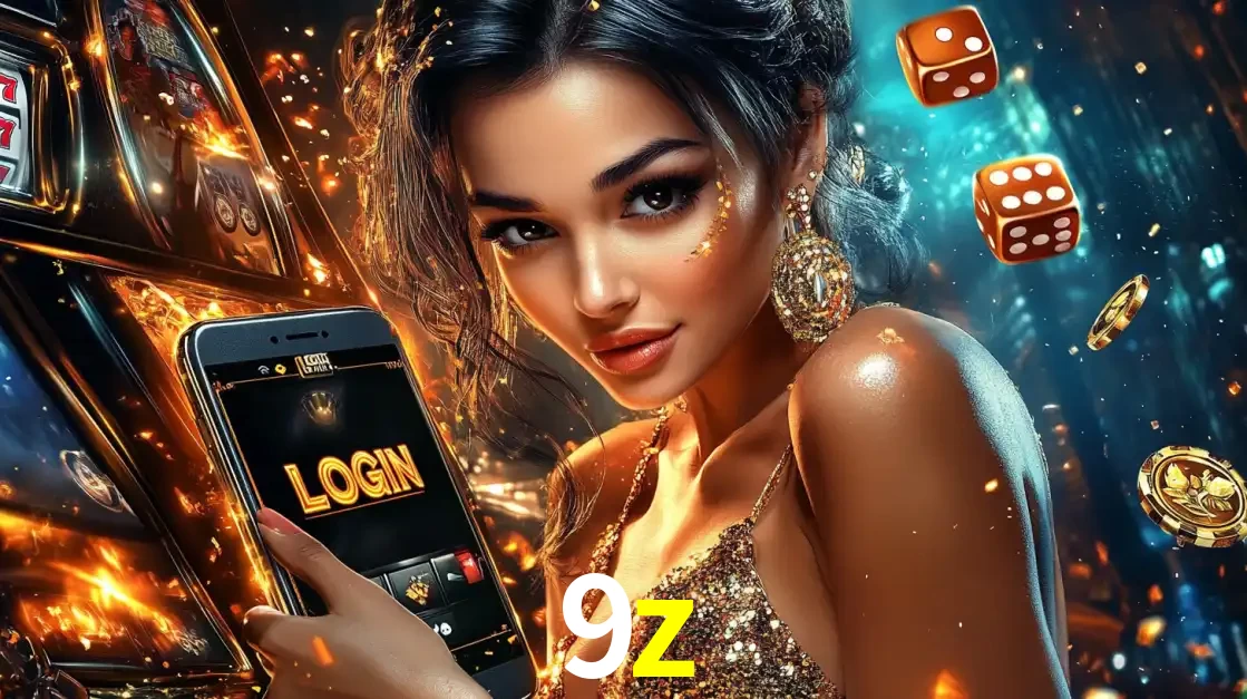 Mulher glamourosa segurando um celular com a tela de login do cassino 9z, rodeada por dados e moedas douradas, pronta para começar a diversão.