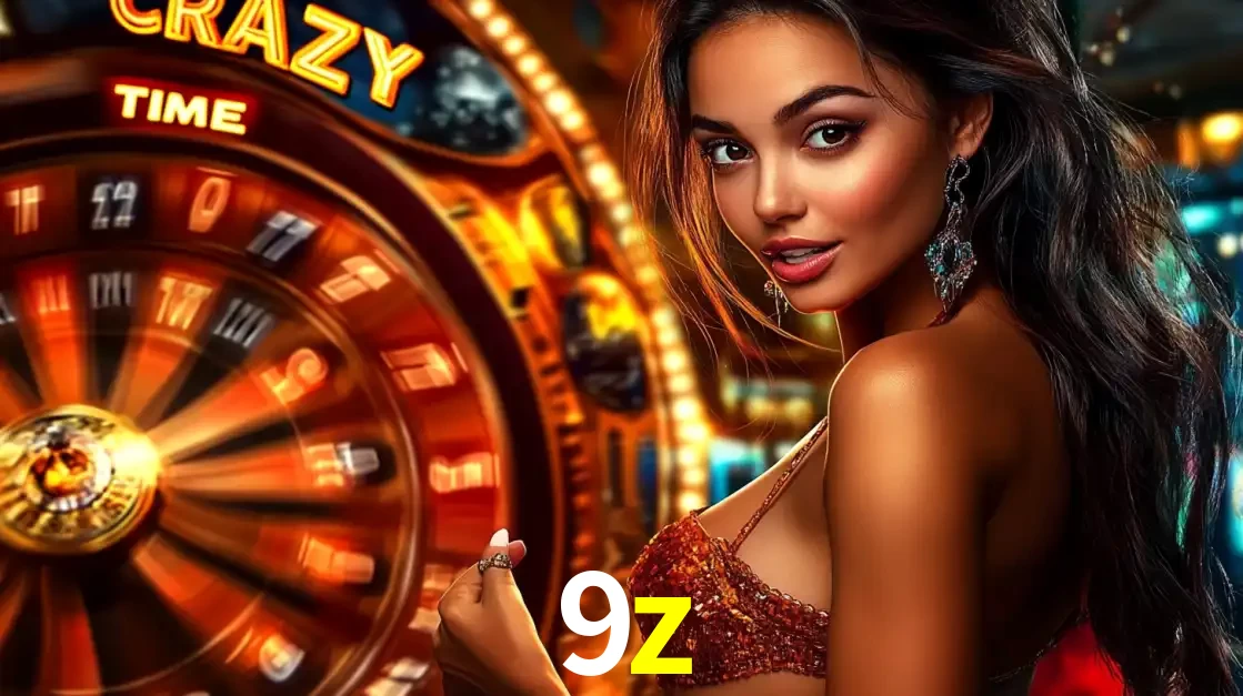 Mulher ao lado da roda de prêmios do jogo de cassino ao vivo Crazy Time, um dos shows de jogos mais emocionantes oferecidos pela plataforma de apostas 9z.