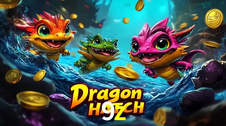 Arte promocional do jogo Dragon Hatch com três adoráveis dragões bebês nadando entre moedas de ouro, um dos slots mais divertidos para jogar no cassino 9z.