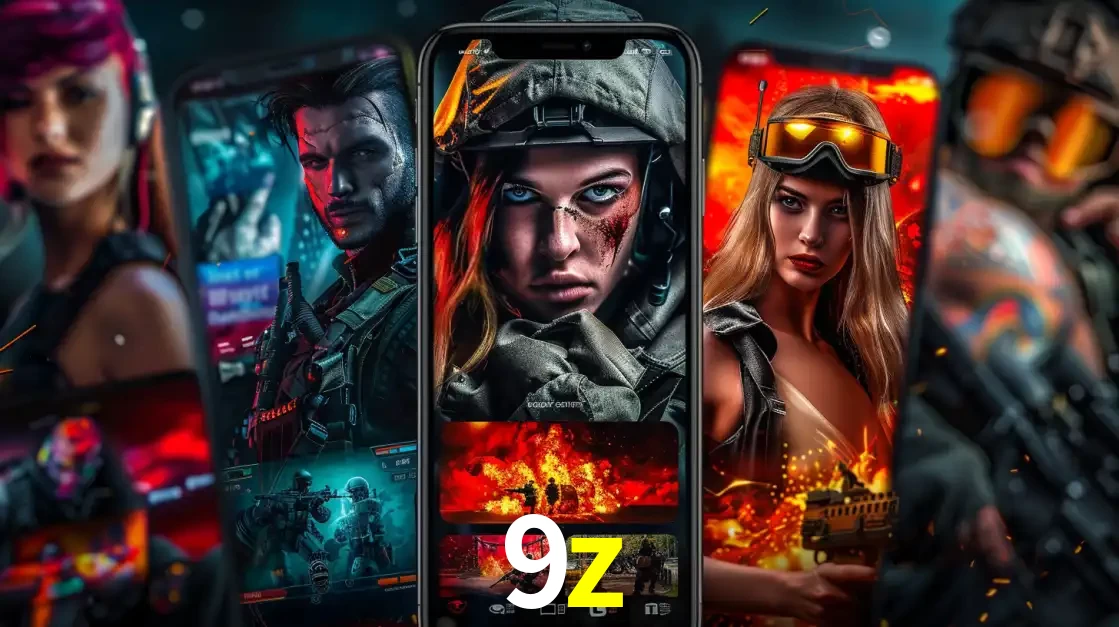 Montagem de telas de celular mostrando diversos personagens, masculinos e femininos, de um jogo de tiro, ilustrando a diversidade de equipes de e-sports para apostar no 9z.