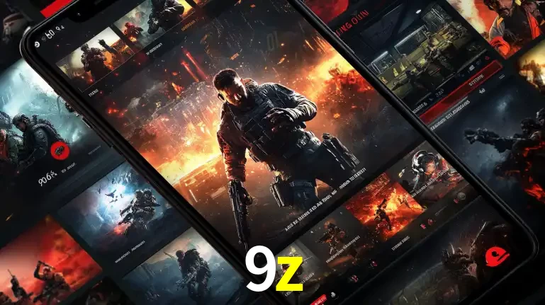 Tela de um celular exibindo uma galeria de jogos de tiro com temática militar, mostrando a variedade de e-sports disponíveis para apostas na plataforma de entretenimento 9z.