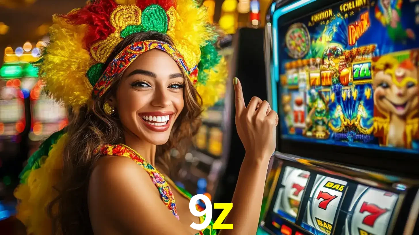 Mulher animada com um cocar de carnaval apontando para uma máquina de caça-níqueis, mostrando a emoção de ganhar um grande prêmio nos jogos do 9z.