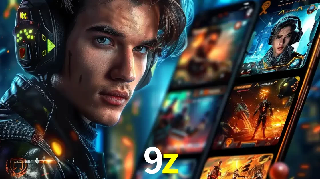 Jovem jogador com fones de ouvido olhando para a câmera, com um aplicativo de jogos e e-sports para celular ao fundo, pronto para a competição e apostas no 9z.