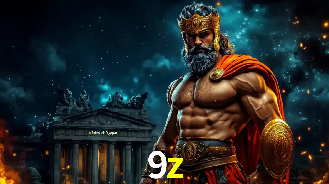 O poderoso Zeus do jogo de slot Gates of Olympus em frente ao seu templo, pronto para lançar multiplicadores divinos e prêmios épicos no cassino online 9z.