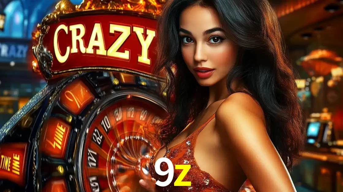 Mulher glamourosa olhando para a câmera com a roda vermelha do Crazy Time ao fundo em um ambiente de cassino, destacando a emoção dos jogos ao vivo no 9z.