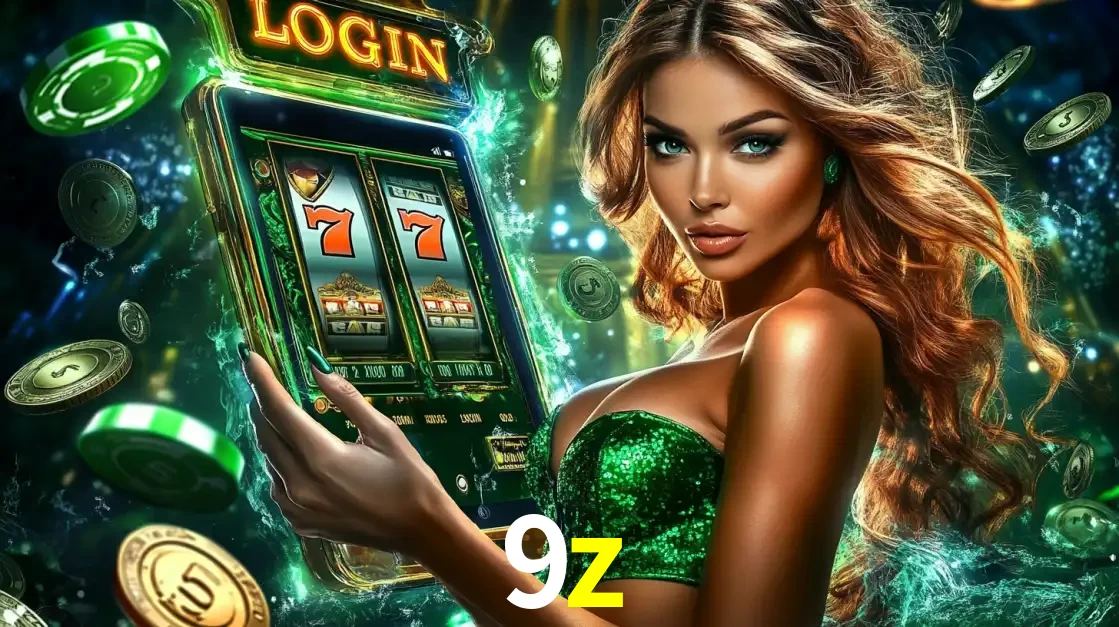 Mulher com tema verde apresentando o aplicativo do cassino 9z com um jogo de slot de 777, cercada por fichas de cassino e uma aura de sorte.