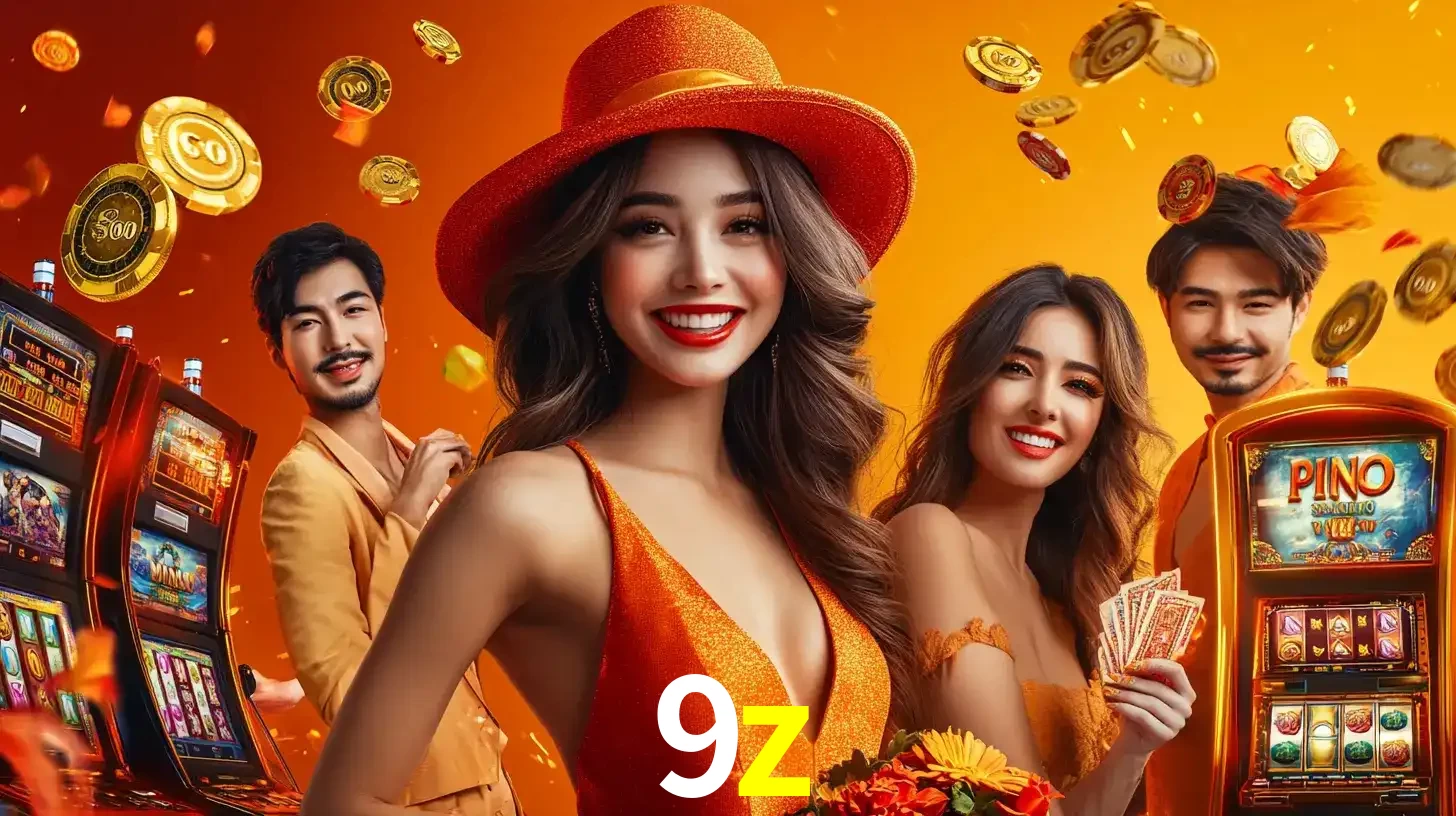 Grupo de amigos asiáticos sorrindo e se divertindo com máquinas de caça-níqueis em um ambiente festivo, celebrando suas vitórias nos jogos de cassino do 9z.