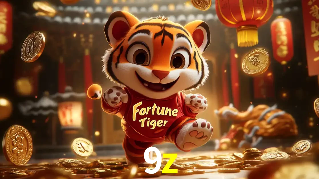O alegre personagem do Fortune Tiger correndo sobre um caminho de moedas de ouro, simbolizando os grandes prêmios e a diversão do popular jogo de slot do 9z.