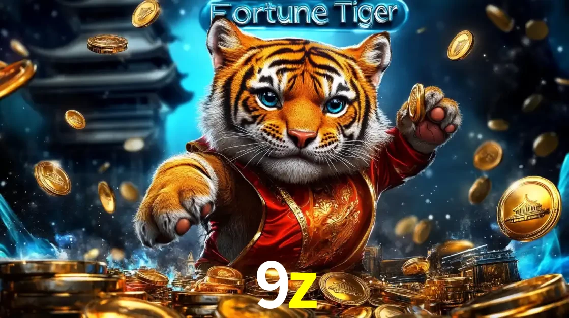 Imagem promocional do jogo de slot Fortune Tiger, com um tigre majestoso em traje tradicional cercado por uma fortuna em moedas de ouro, disponível agora no cassino 9z.