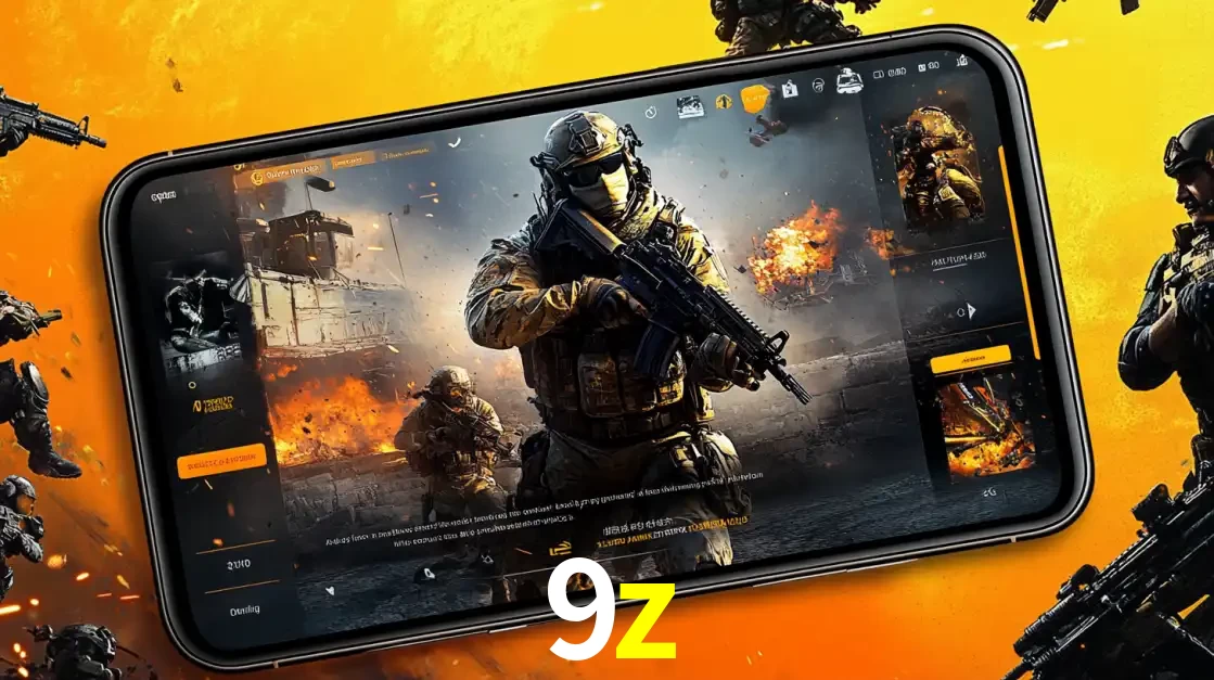 Um smartphone exibindo a interface de um jogo de tiro em primeira pessoa, com um soldado em um cenário de batalha, representando a ação dos e-sports para apostar no 9z.