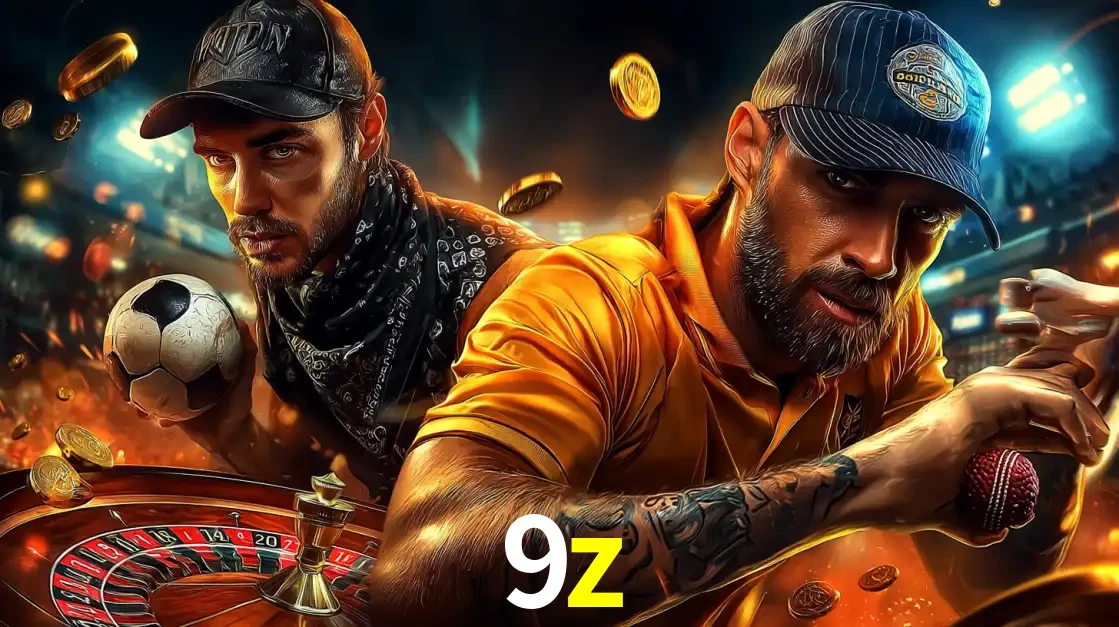 Montagem de apostas esportivas e cassino no 9z, com um homem segurando uma bola de futebol e outro uma de beisebol sobre uma roleta e moedas voadoras.