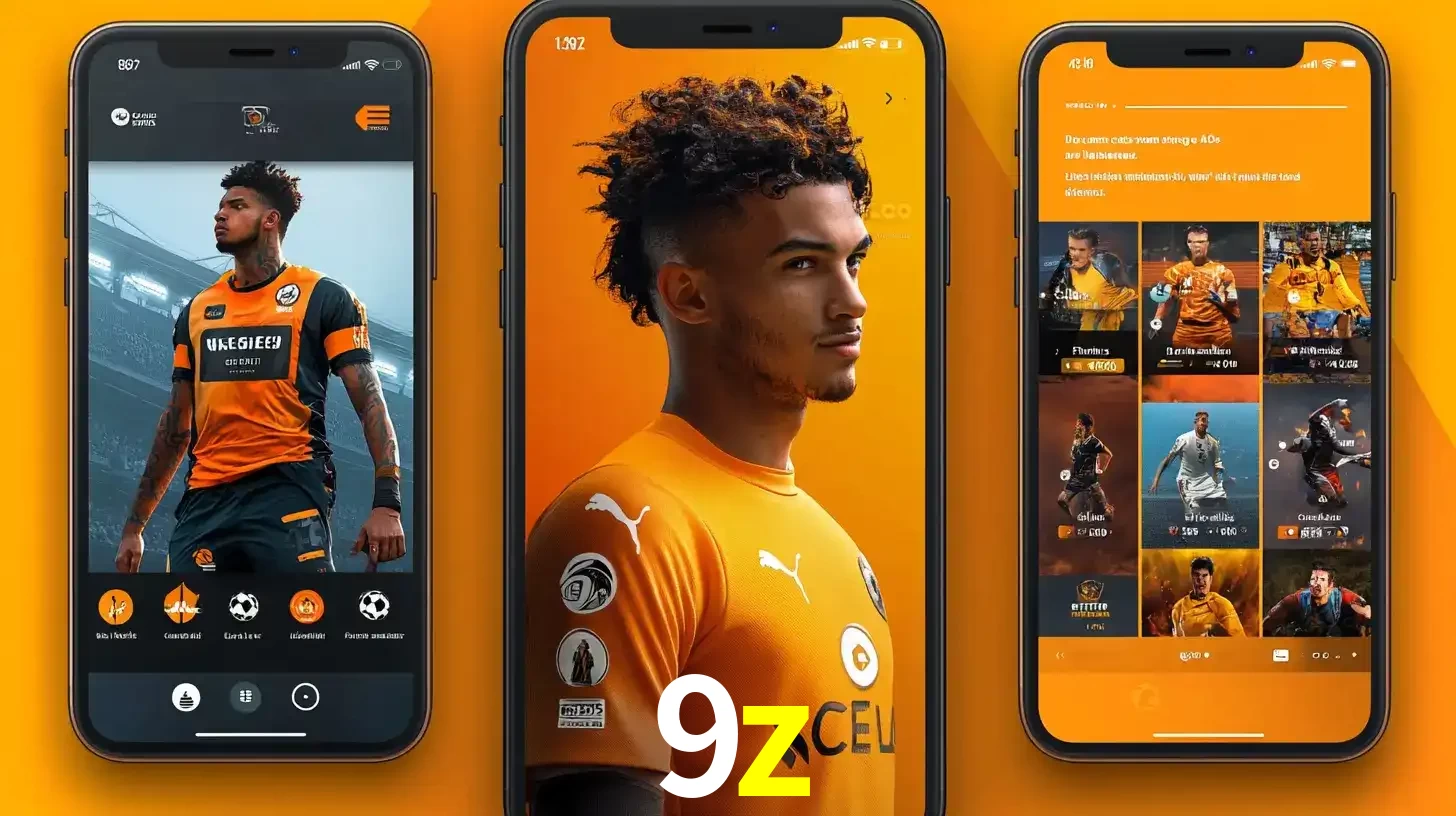 Interface do aplicativo de apostas esportivas 9z em três telas de celular, mostrando o perfil de um jogador de futebol e a lista de jogos disponíveis para apostar.