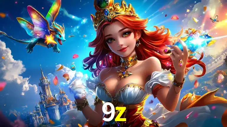 A princesa de um reino de fantasia mágico, com seu pequeno dragão, apresentando um mundo de prêmios encantados nos jogos de caça-níqueis do cassino 9z.