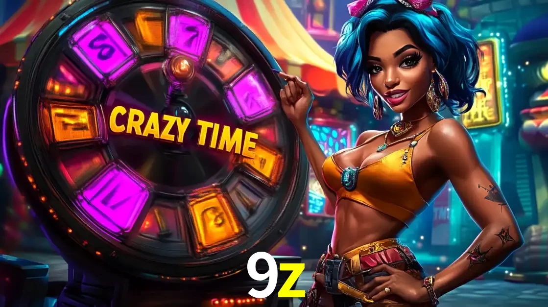 Mulher estilizada com cabelo azul e visual vibrante posando ao lado da roda de prêmios do game show Crazy Time, convidando para a diversão e os bônus do cassino 9z.