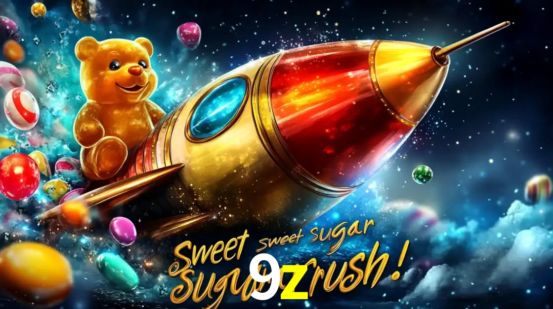 Arte promocional do jogo de slot Sugar Rush, com um urso de pelúcia em um foguete viajando pelo espaço de doces, um dos jogos divertidos disponíveis no cassino 9z.