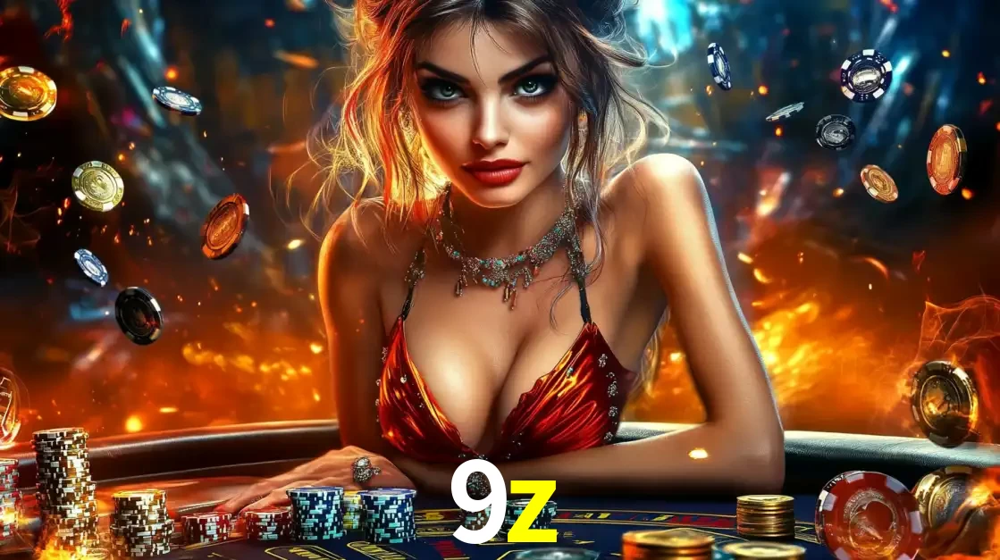 Mulher em uma mesa de cassino com pilhas de fichas e um fundo de fogo, pronta para uma rodada de altas apostas nos jogos de mesa emocionantes do cassino 9z.