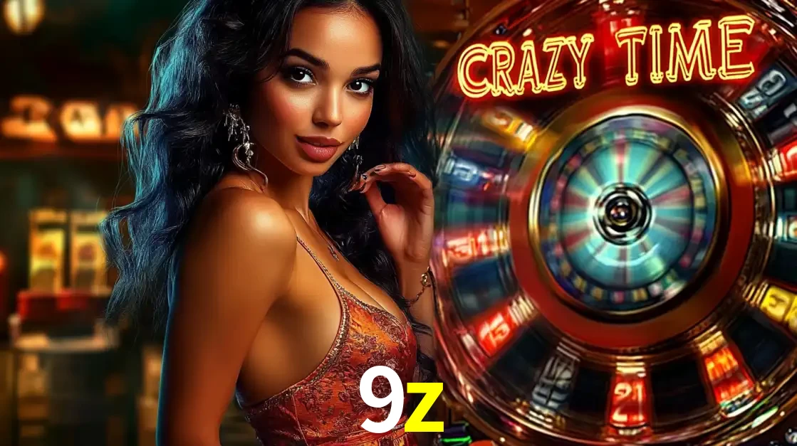 Mulher elegante ao lado da vibrante roda da fortuna do jogo de cassino ao vivo Crazy Time, um dos game shows mais populares e cheios de prêmios do 9z.