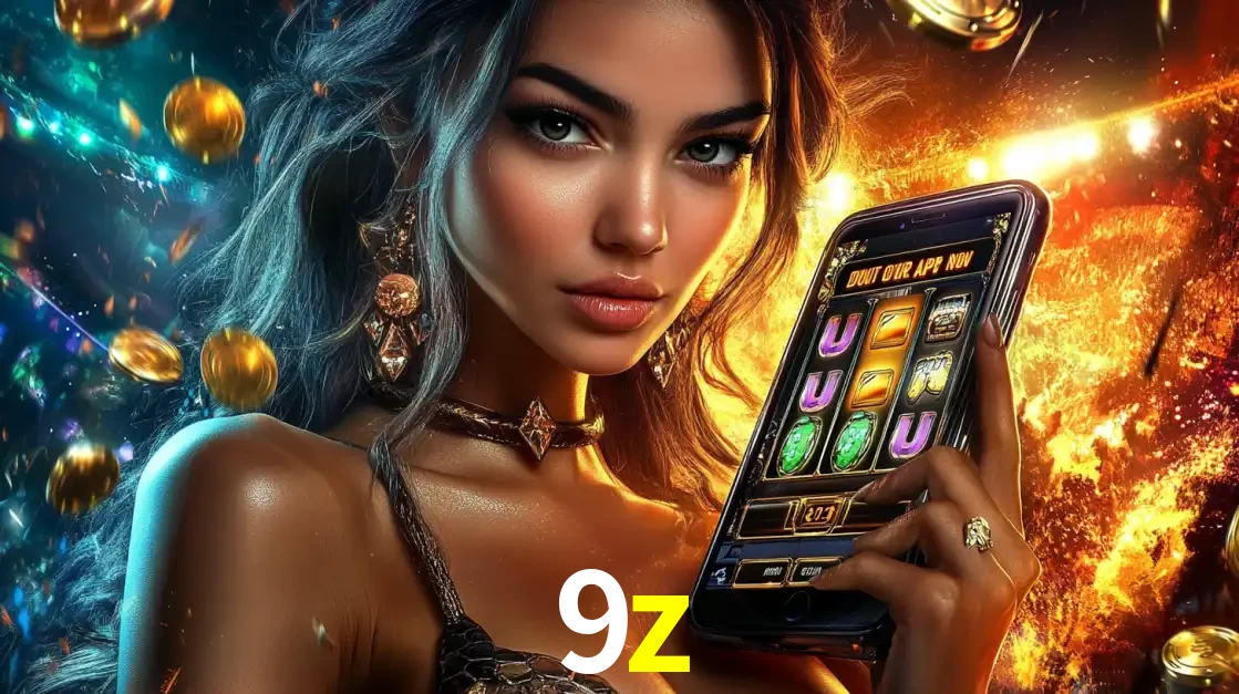 Mulher elegante mostrando um jogo de caça-níqueis em seu smartphone, destacando a experiência de cassino móvel oferecida pelo aplicativo 9z.