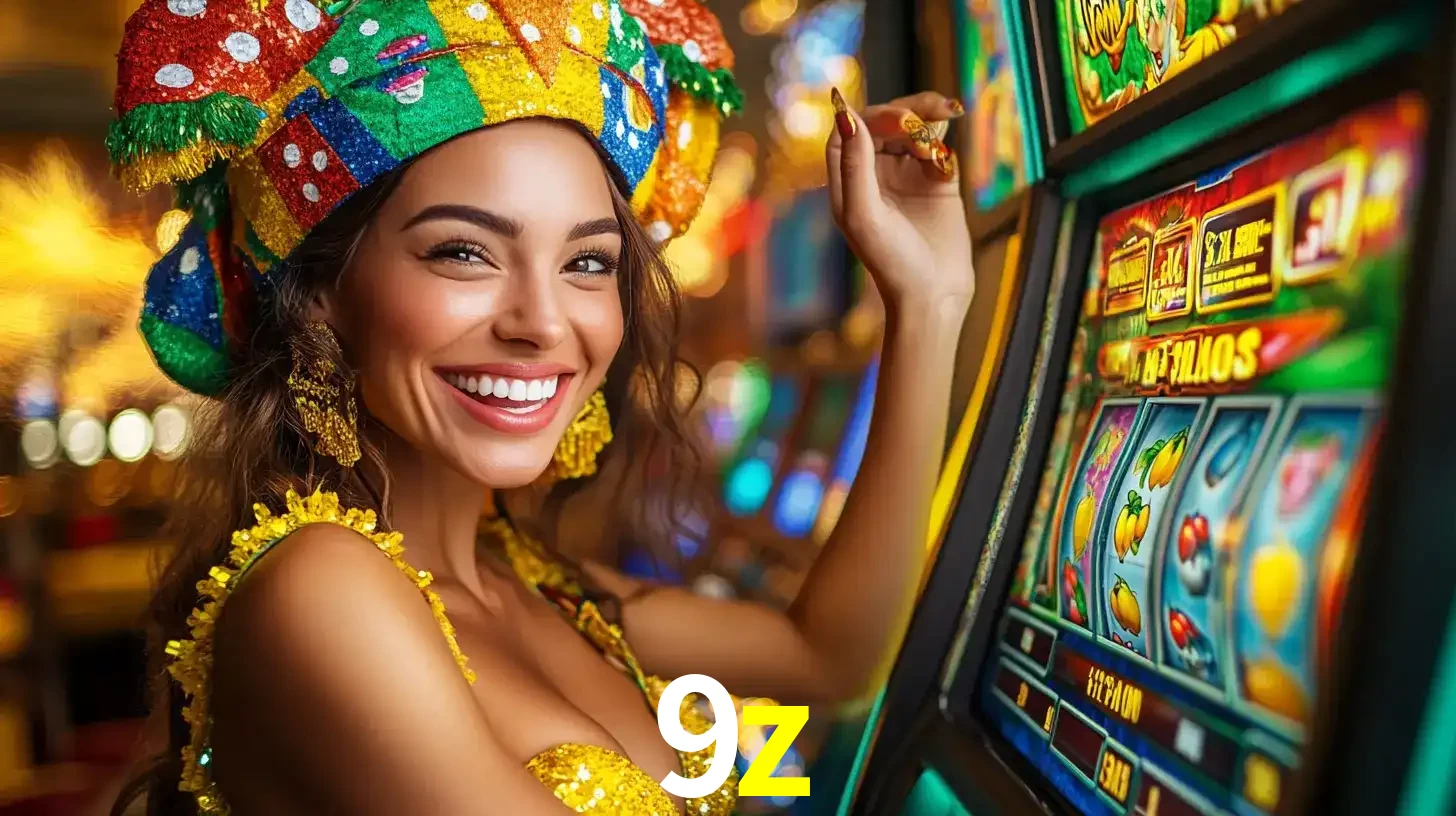 Mulher feliz com traje de carnaval amarelo e colorido ao lado de uma máquina de caça-níqueis, aproveitando a diversão e os jogos temáticos do cassino 9z.