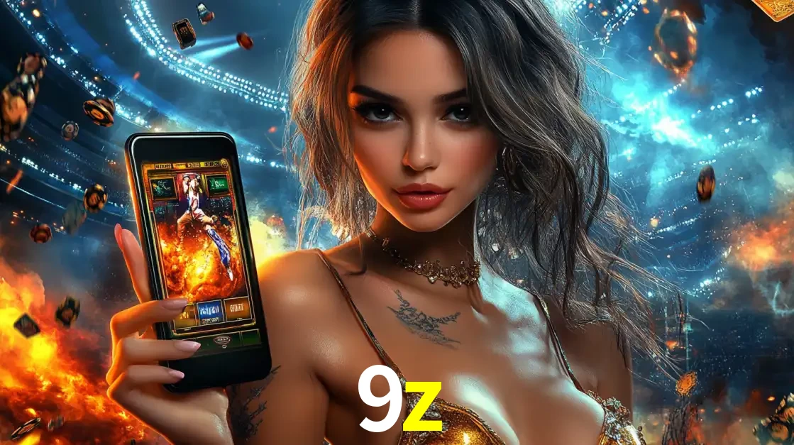 Mulher segurando um celular com um jogo de slot em destaque, tendo como fundo um estádio vibrante, simbolizando a emoção de jogar no cassino móvel 9z.