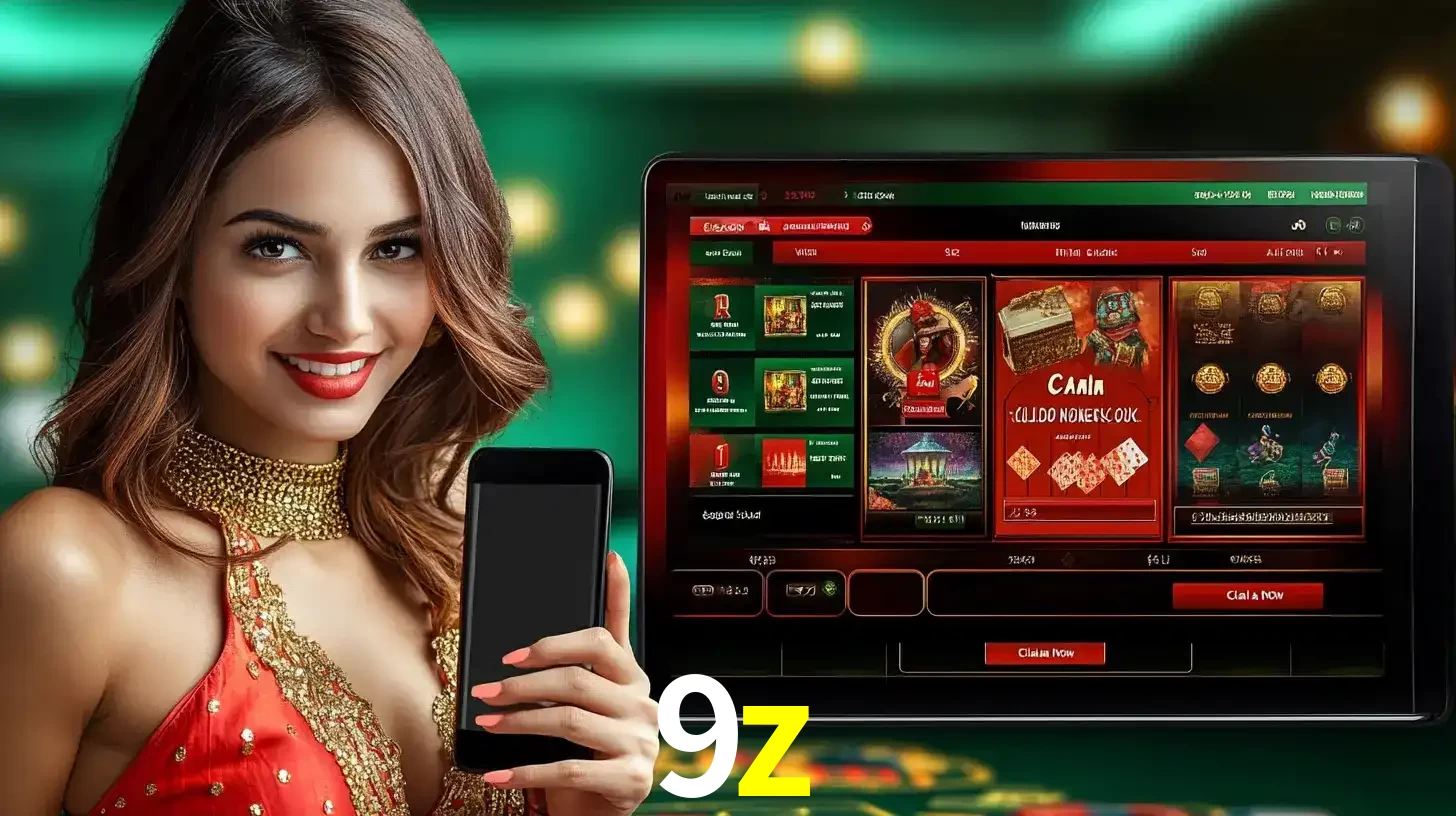 Mulher sorridente segurando um smartphone, ao lado de uma tela exibindo o lobby de jogos do cassino online 9z, com várias opções de jogos de cartas e slots.